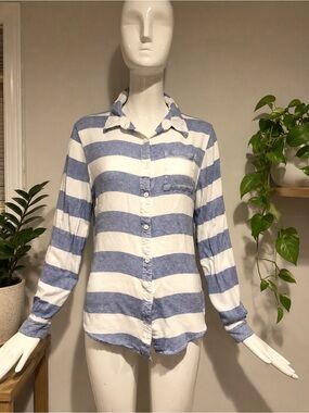 BLL New York Blue White Striped Rayon Button Front Blouse Large